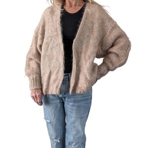 Vintage Mohair Wool Cardigan Sweater Beige Chunky Knit Slouchy Oversized Cozy L